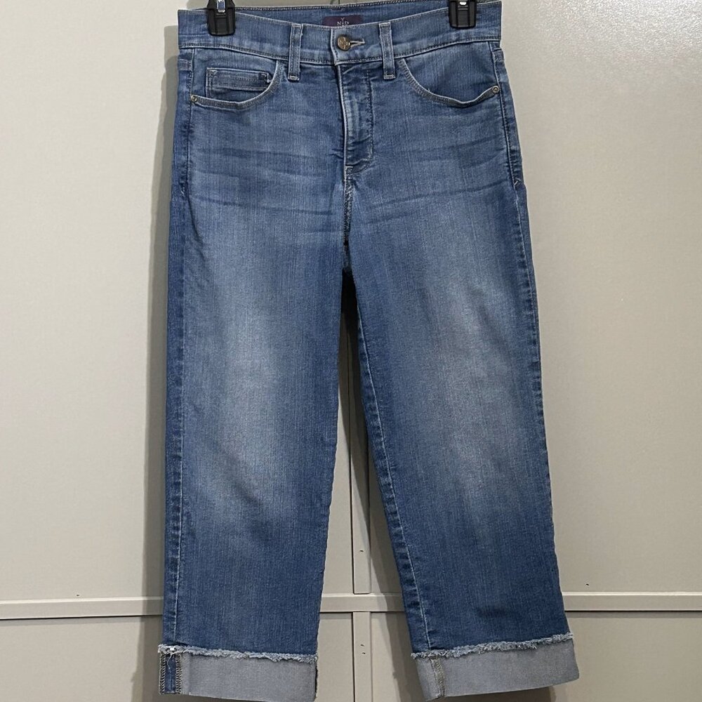 NYDJ Ariel Crop Fray Cuff Blue Denim Jeans Medium Wash Weathered Women's Size 2
